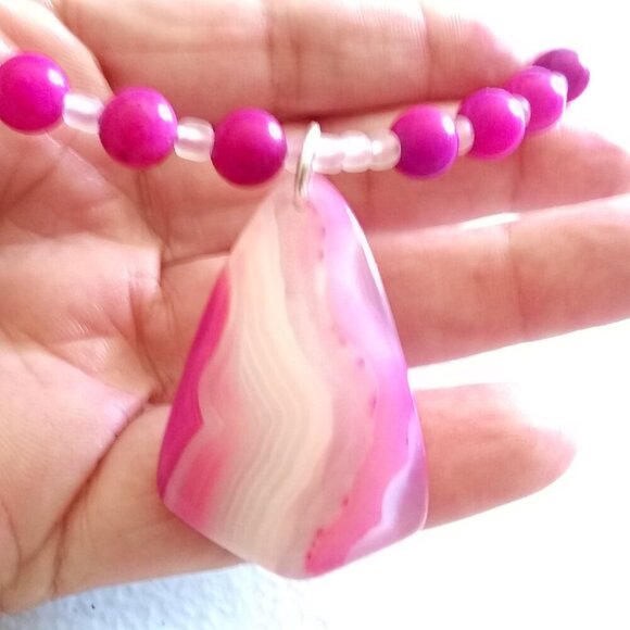 Pink & White Agate + Sugilite Choker Bib Necklace ~ Unique Feminine Girlie Boho - Picture 7 of 9